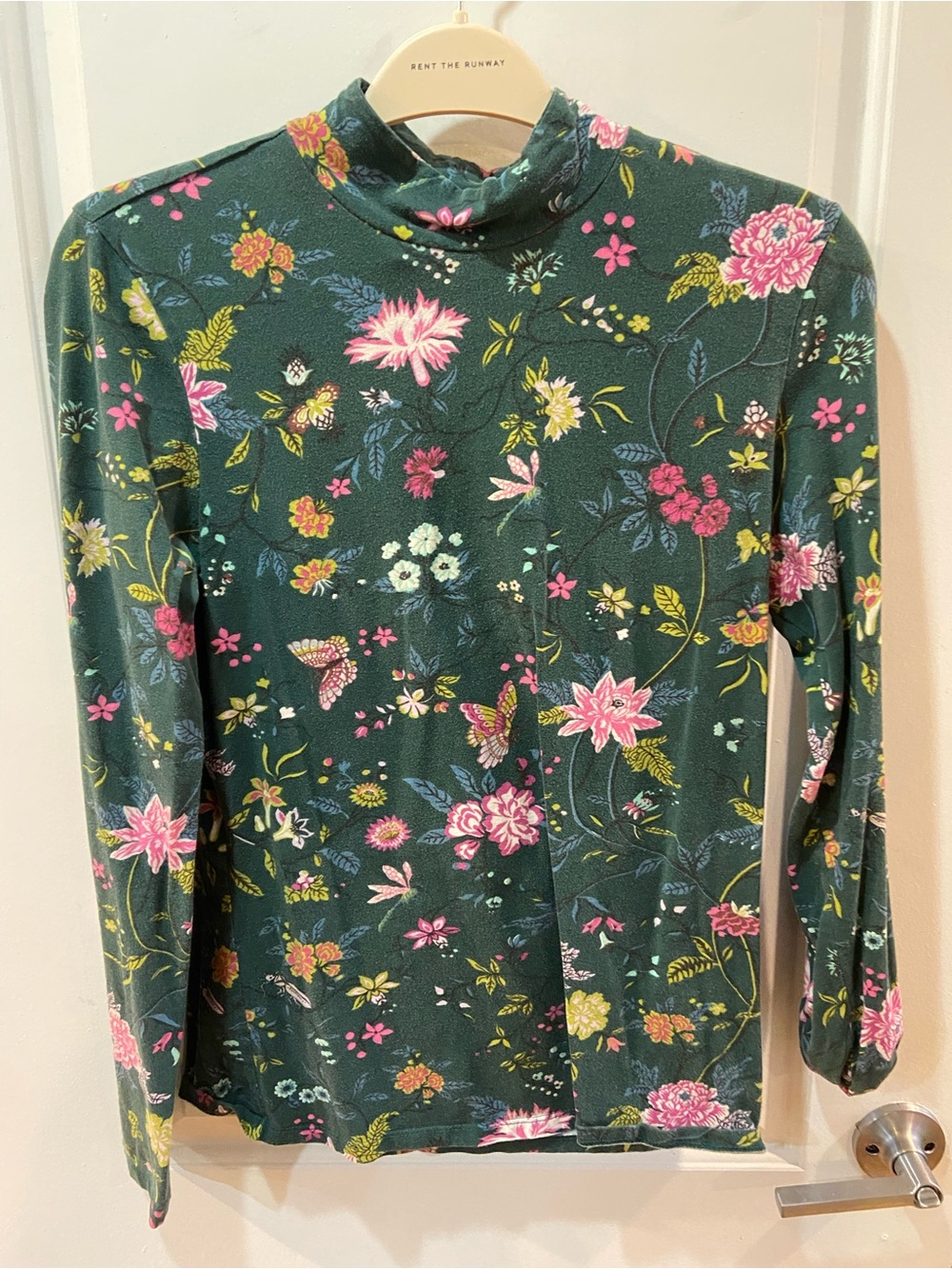 Maeve by Anthropologie Forest Green Floral Mock-Neck Long Sleeve Top size L
